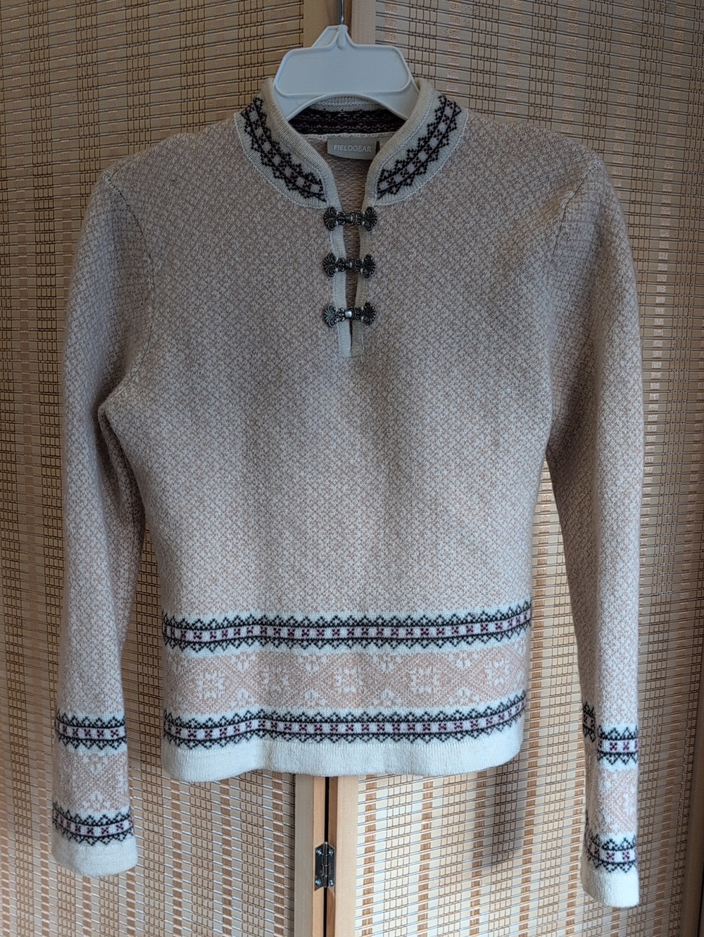 Fieldgear Vintage Cream Nordic-Patterned Cowl Sweater With Frog Closure